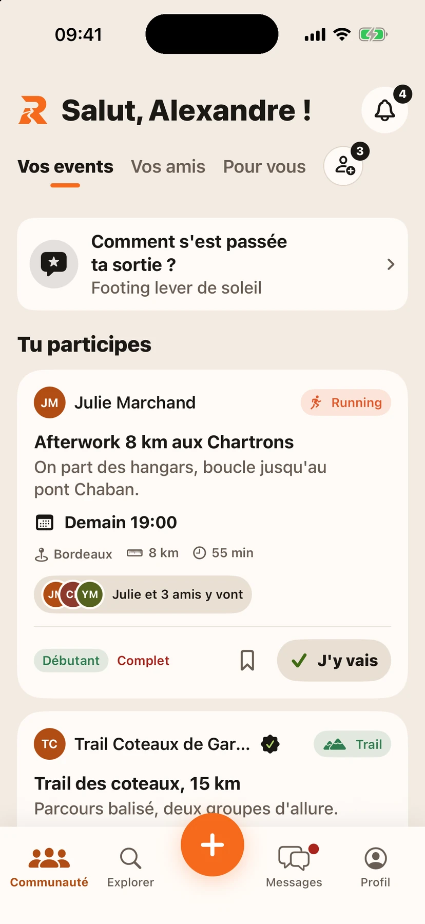 Écran Communauté de Rovent : les sorties auxquelles tu participes