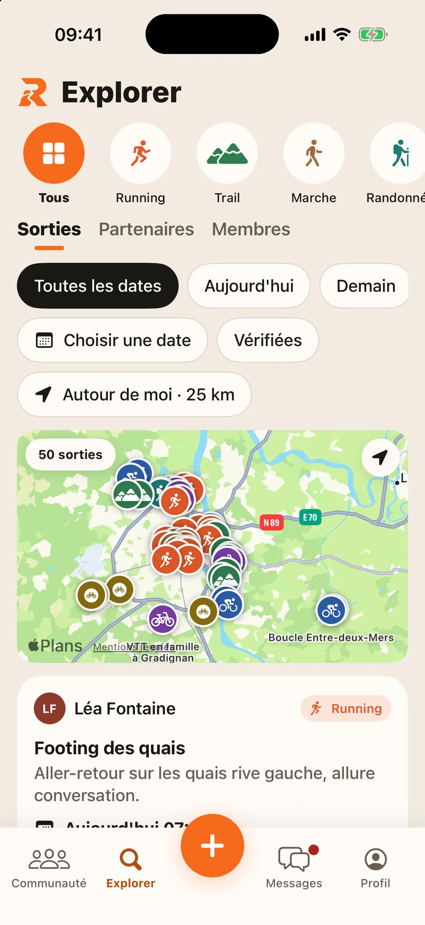 Explorer : filtres par sport, dates et rayon
