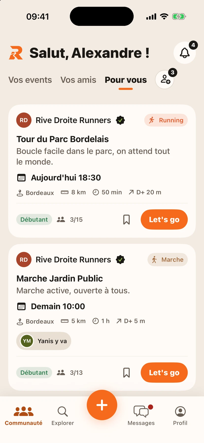 Onglet Pour vous : les sorties des clubs suivis