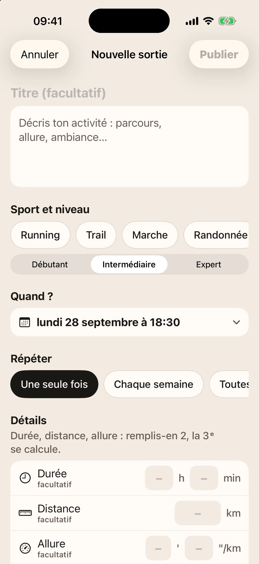 Formulaire de publication d'une sortie